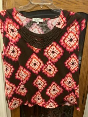 Jones New York Brown Tank with Pink & Coral Diamond Print and Crochet Neck